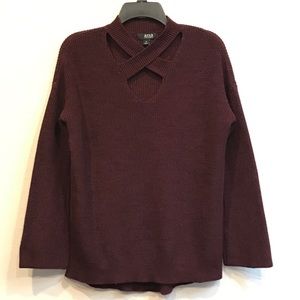 Burgundy & Black Sweater with Crisscross Neckline